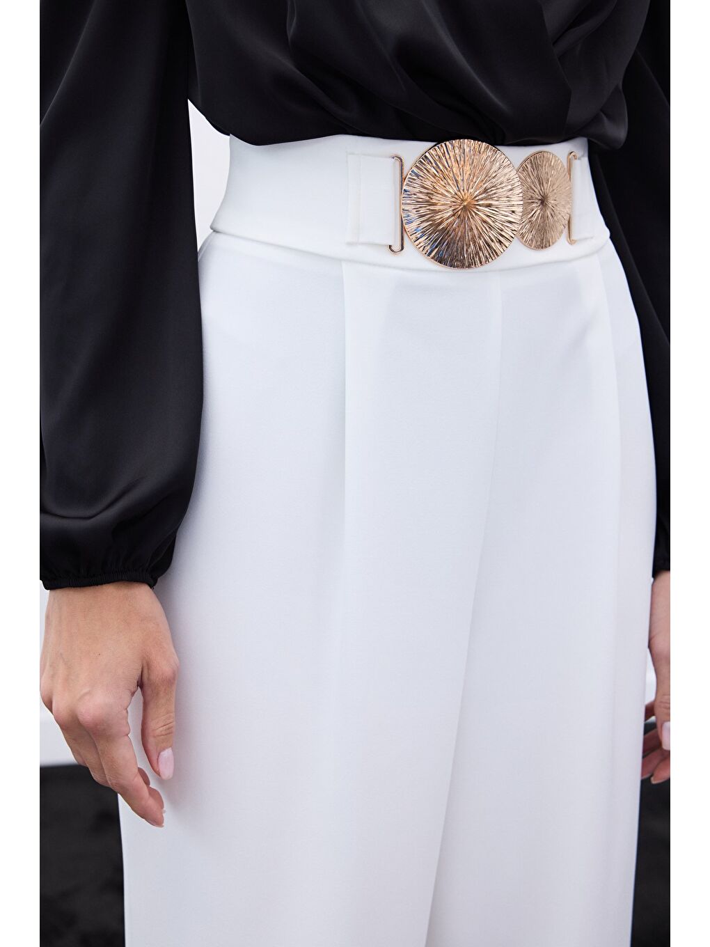 Aksesuarlı Pantolon - Ekru-5