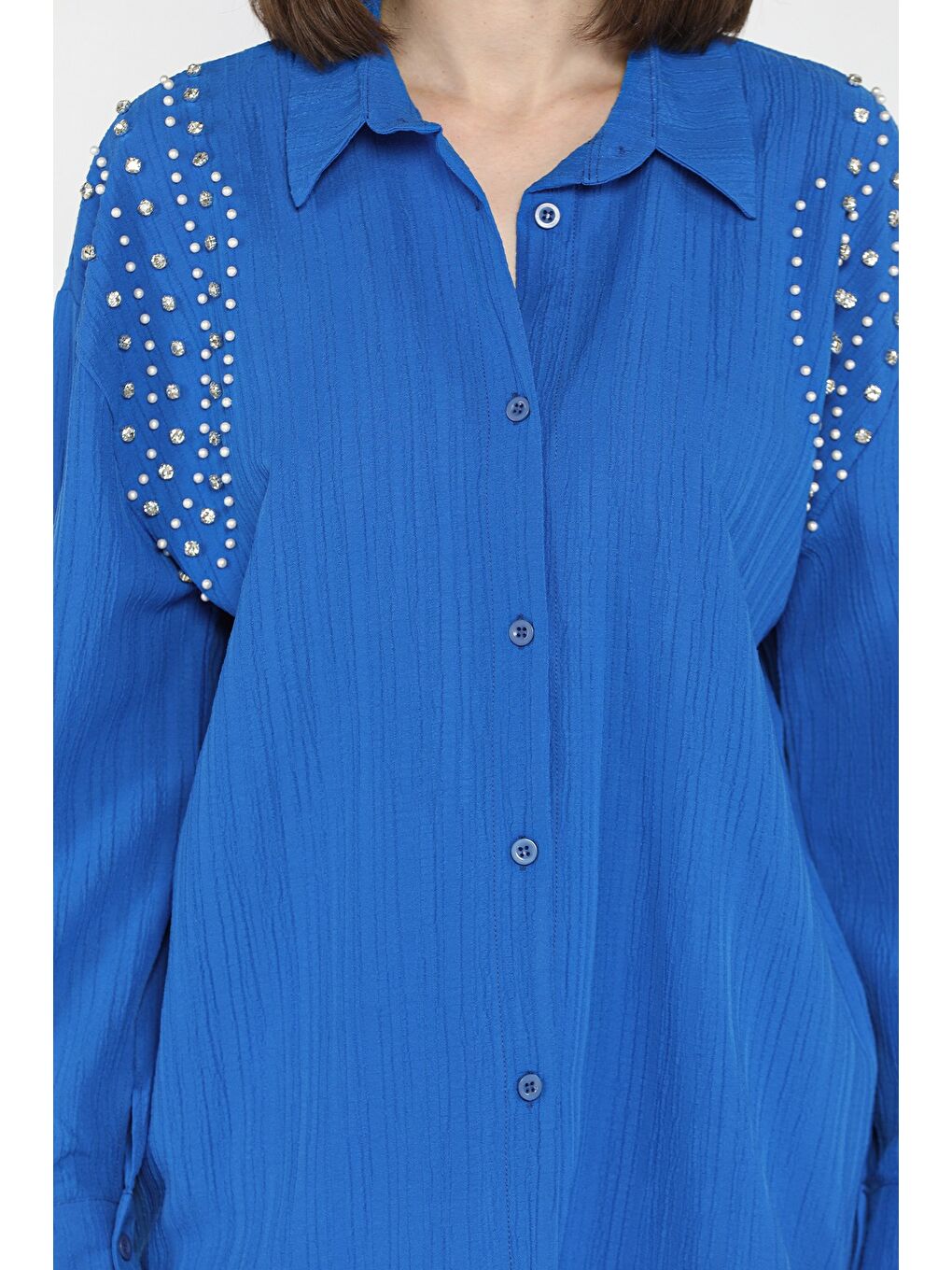 Mavi Omuz İncili Kadın Gömlek-3