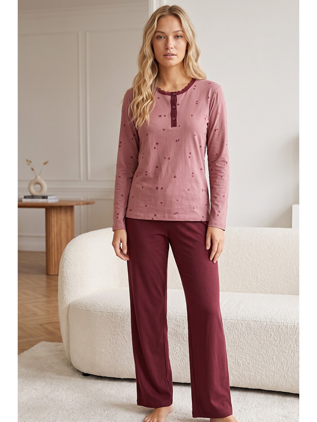 Pembe Düğmeli Pamuklu Elastanlı Örme Pijama Takım26240348-1