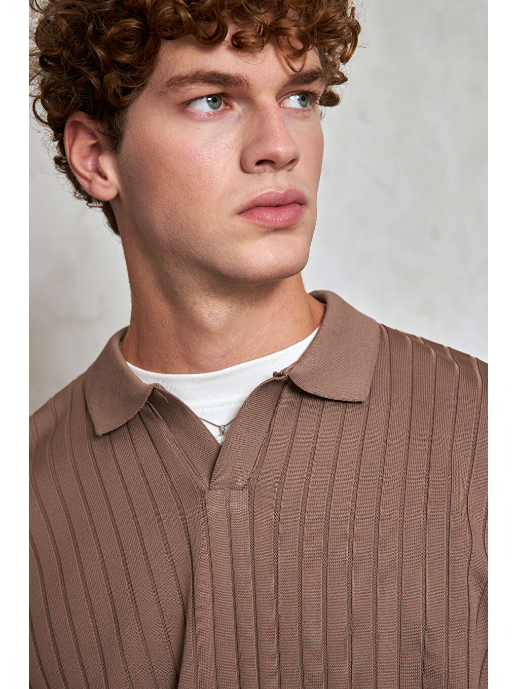 Bej Erkek Polo Yaka Fitilli Oversize Triko Kazak-3