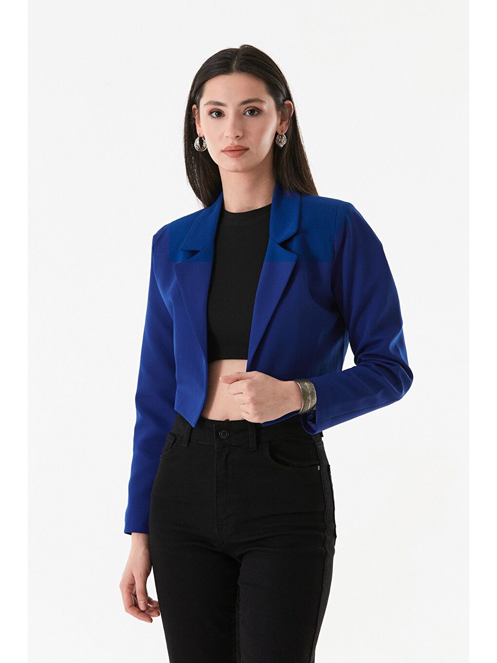 Mavi Basic Kruvaze Yaka Vatkalı Crop Ceket-2