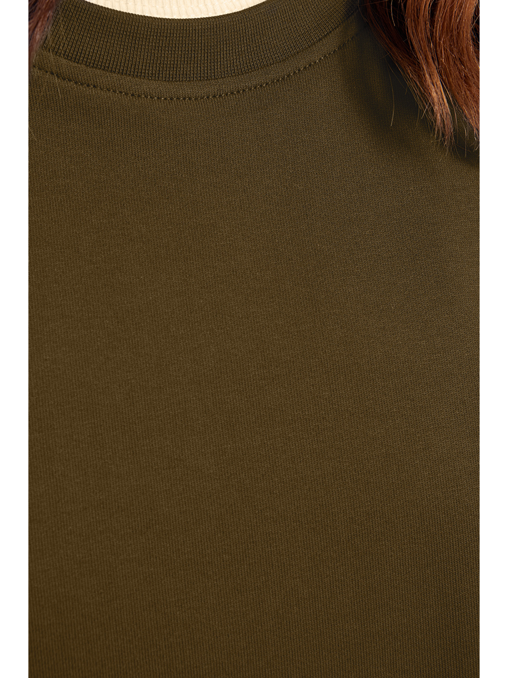 Kadın Oversize Geniş Kesim %100 Pamuk 2 İplik Bisiklet Yaka Haki Sweatshirt-4