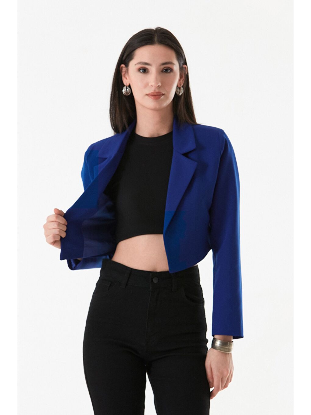 Mavi Basic Kruvaze Yaka Vatkalı Crop Ceket-3