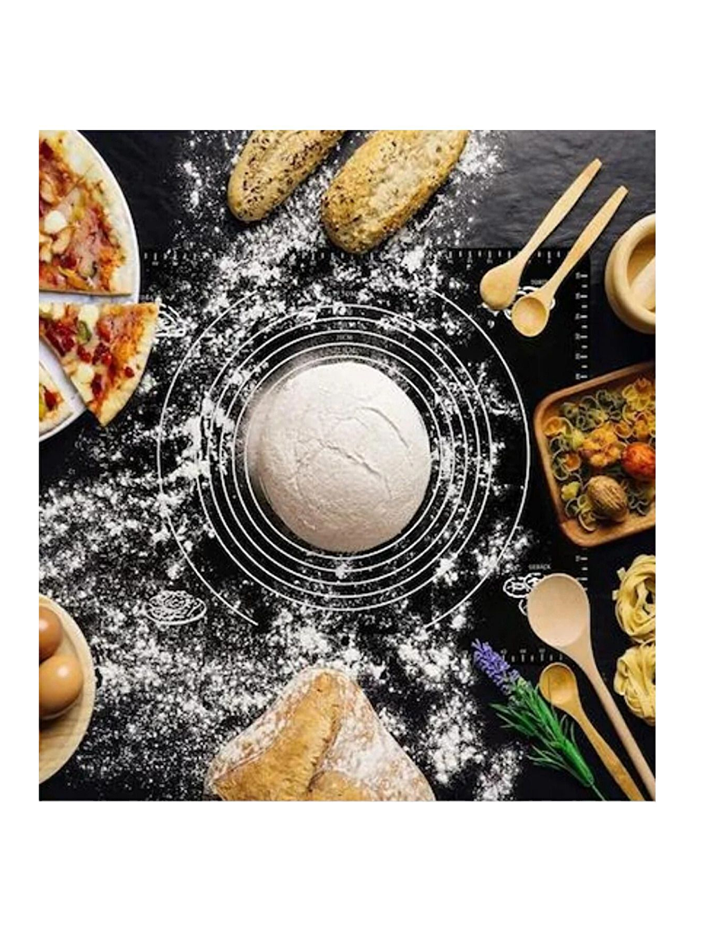 Karışık 1. Sınıf Pişirme Altlığı Ölçülü Hamur Açma Matı 45 X 65 Cm Siyah, Dönerli Merdane, 3lü Set-6
