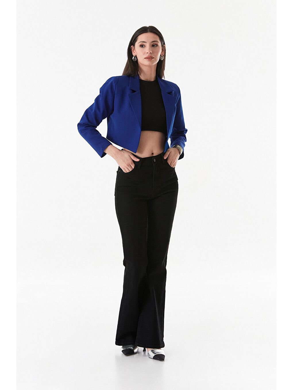 Mavi Basic Kruvaze Yaka Vatkalı Crop Ceket-4