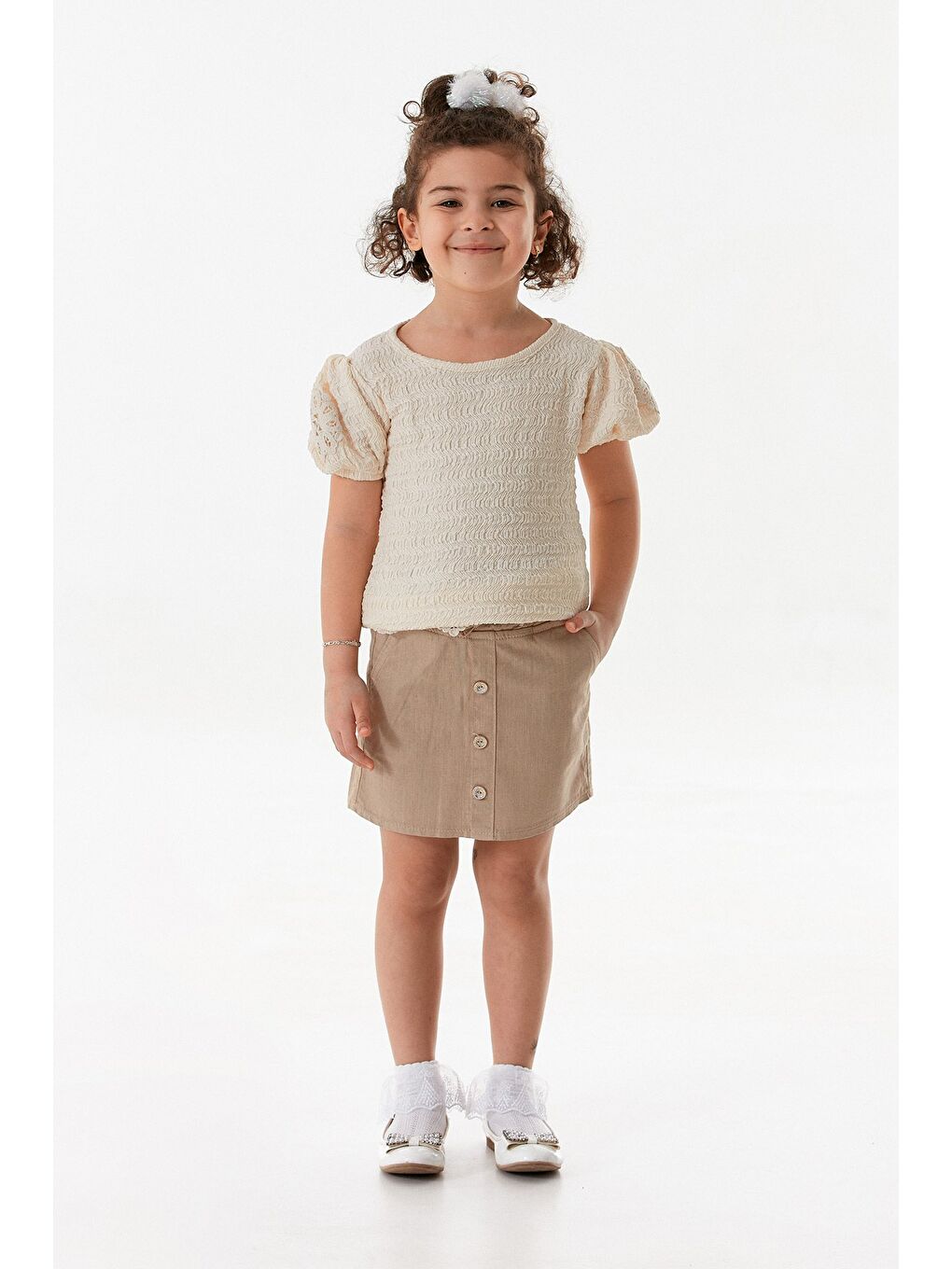 Bej Beli Bağlamalı Düğmeli Kız Çocuk Etek-1