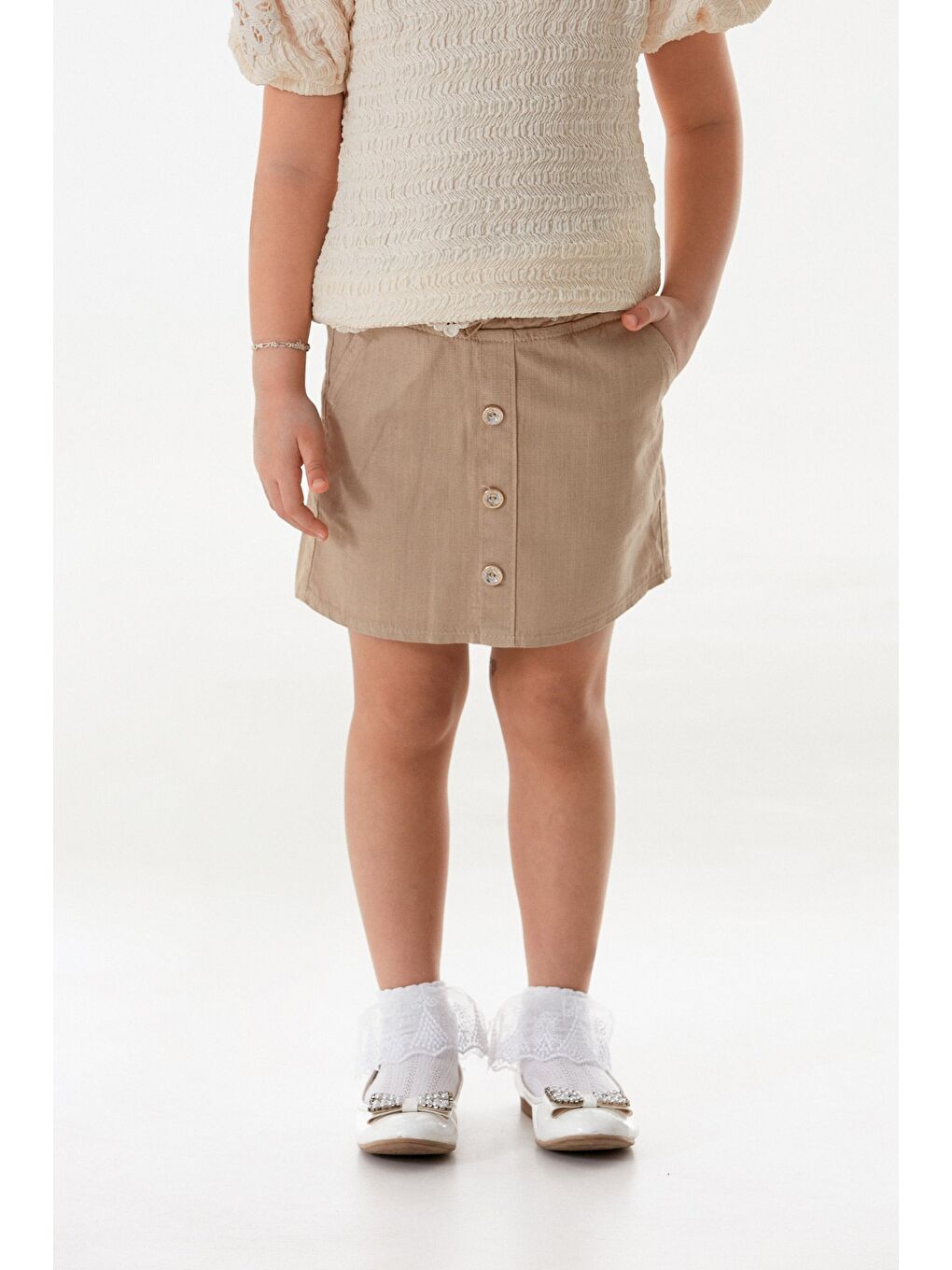Bej Beli Bağlamalı Düğmeli Kız Çocuk Etek-2