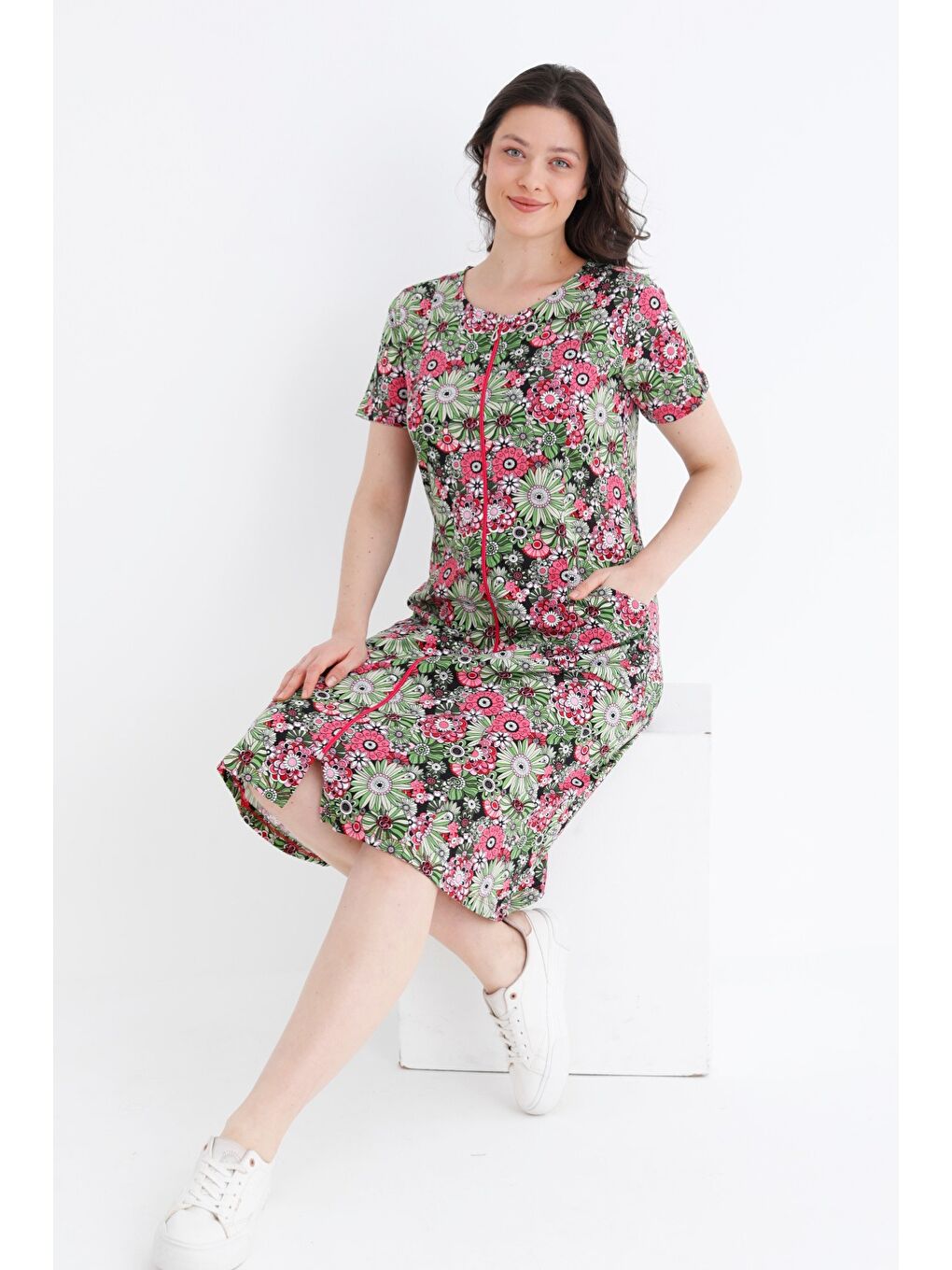 Karışık Rahat Kalıp Çiçek Desenli Pamuklu Boydan Fermuarlı Cepli Kadın Bisiklet Yaka Elbise-5