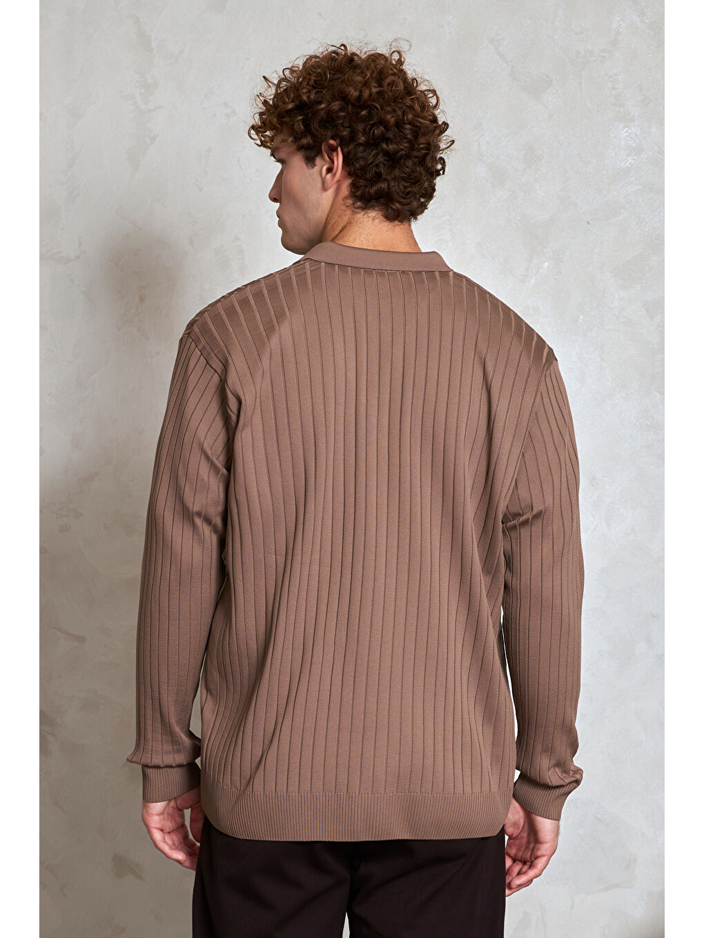 Bej Erkek Polo Yaka Fitilli Oversize Triko Kazak-5