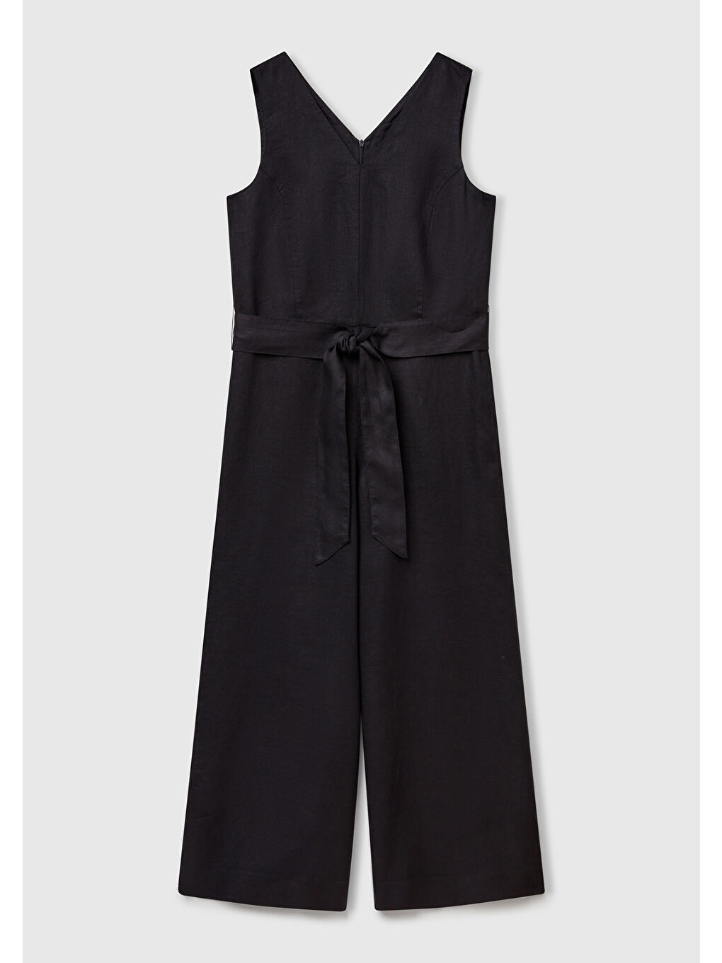 Kadın Siyah %100 Keten Kuşaklı Bedeni Oturan Wide Leg V Yaka Tulum-1