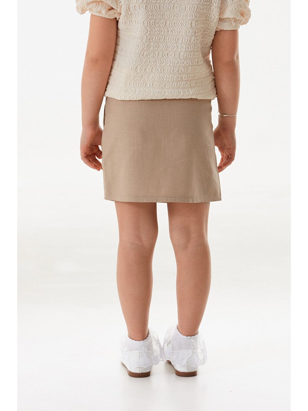 Bej Beli Bağlamalı Düğmeli Kız Çocuk Etek-4