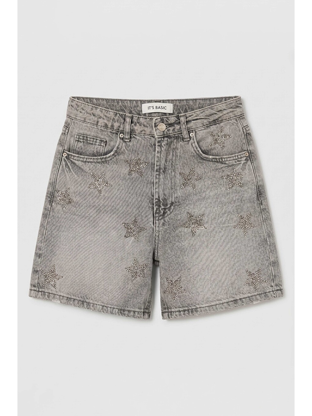 Gri Kadın Füme T-4s6-12 Mom Relax Yıldız Detaylı Tasarım Denim Şort-3