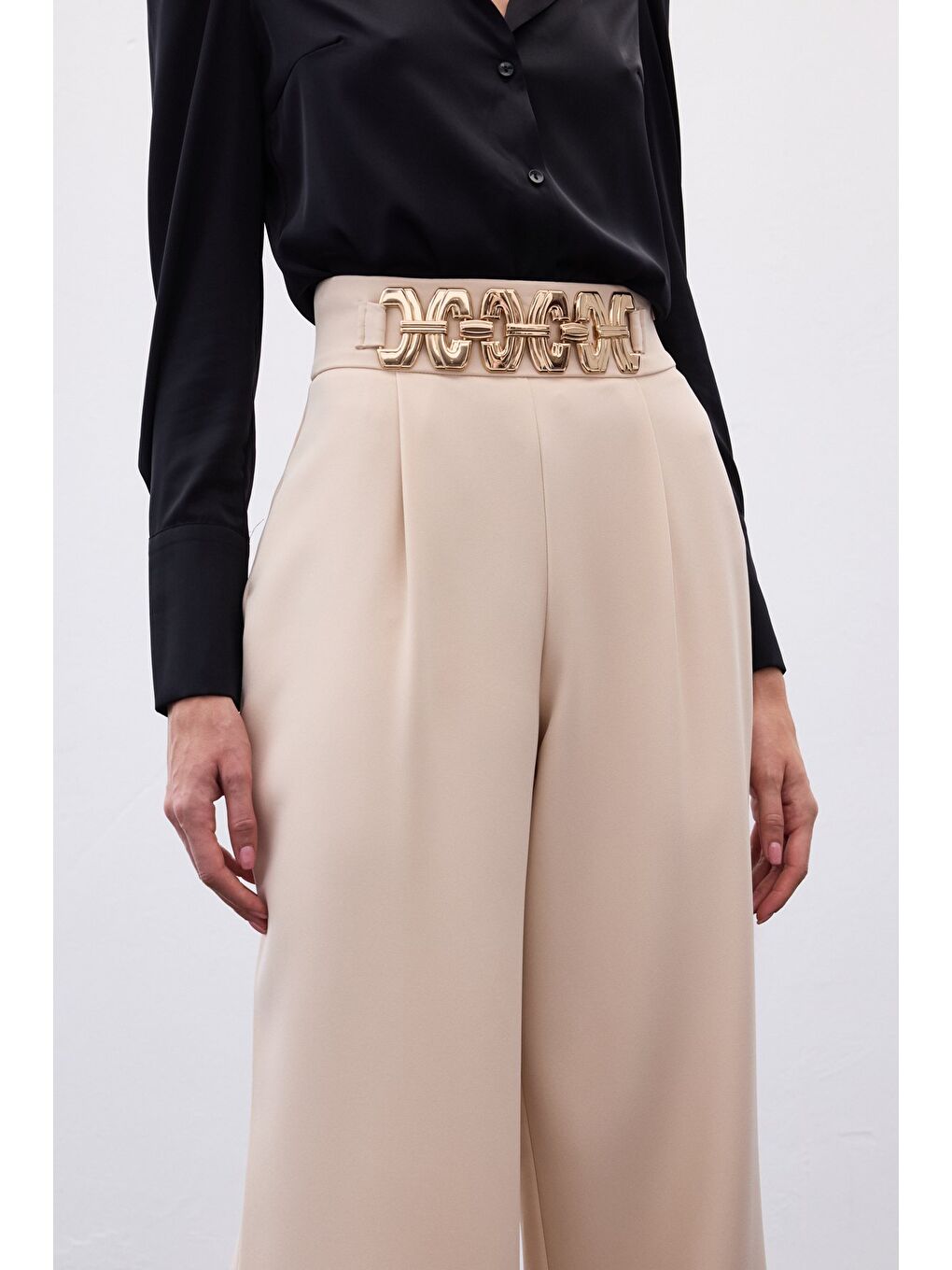 Kemerli Salaş Pantolon - Bej-4