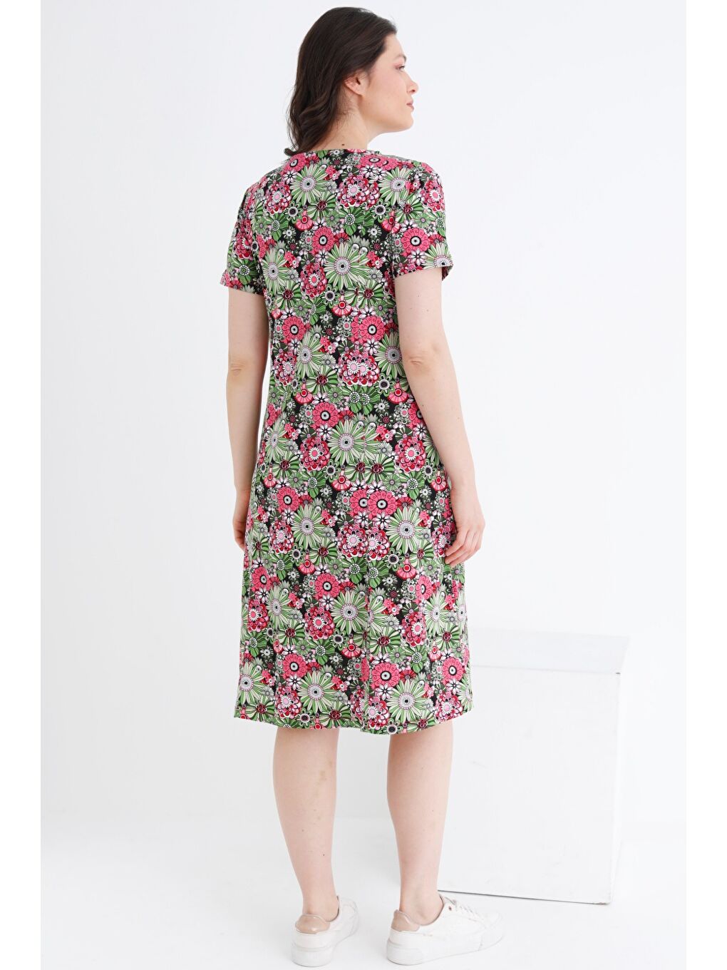 Karışık Rahat Kalıp Çiçek Desenli Pamuklu Boydan Fermuarlı Cepli Kadın Bisiklet Yaka Elbise-6