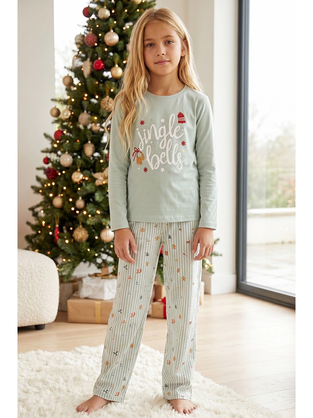 Yeşil Yılbaşı Temalı Pamuklu Elastanlı Örme Pijama Takım26241178-3