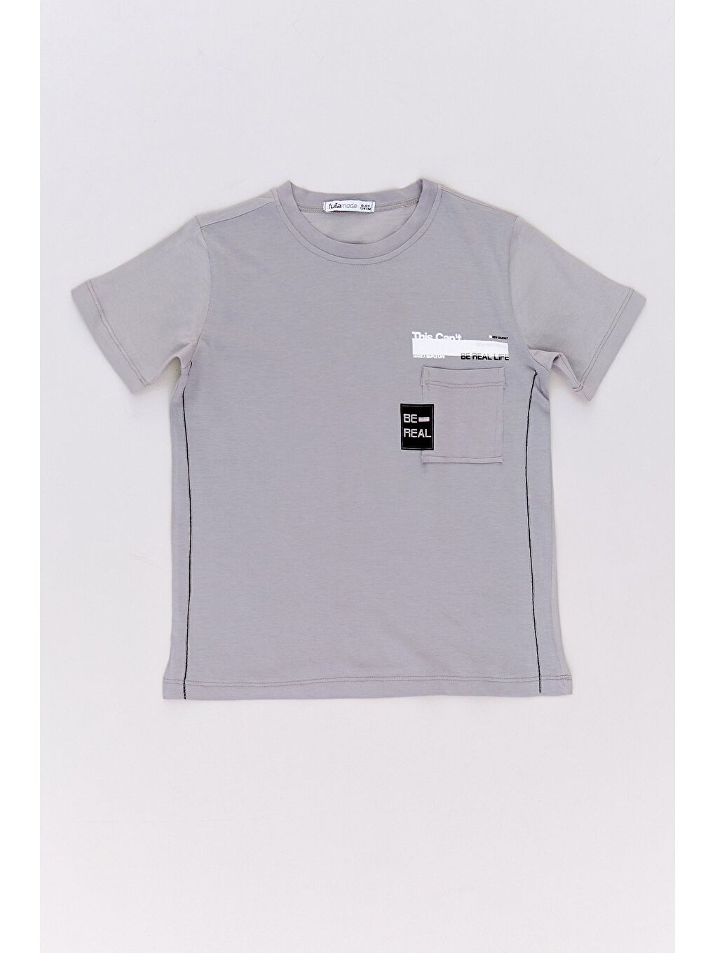 Gri %100 Pamuk Yazı Baskılı Cepli Erkek Çocuk Tişört