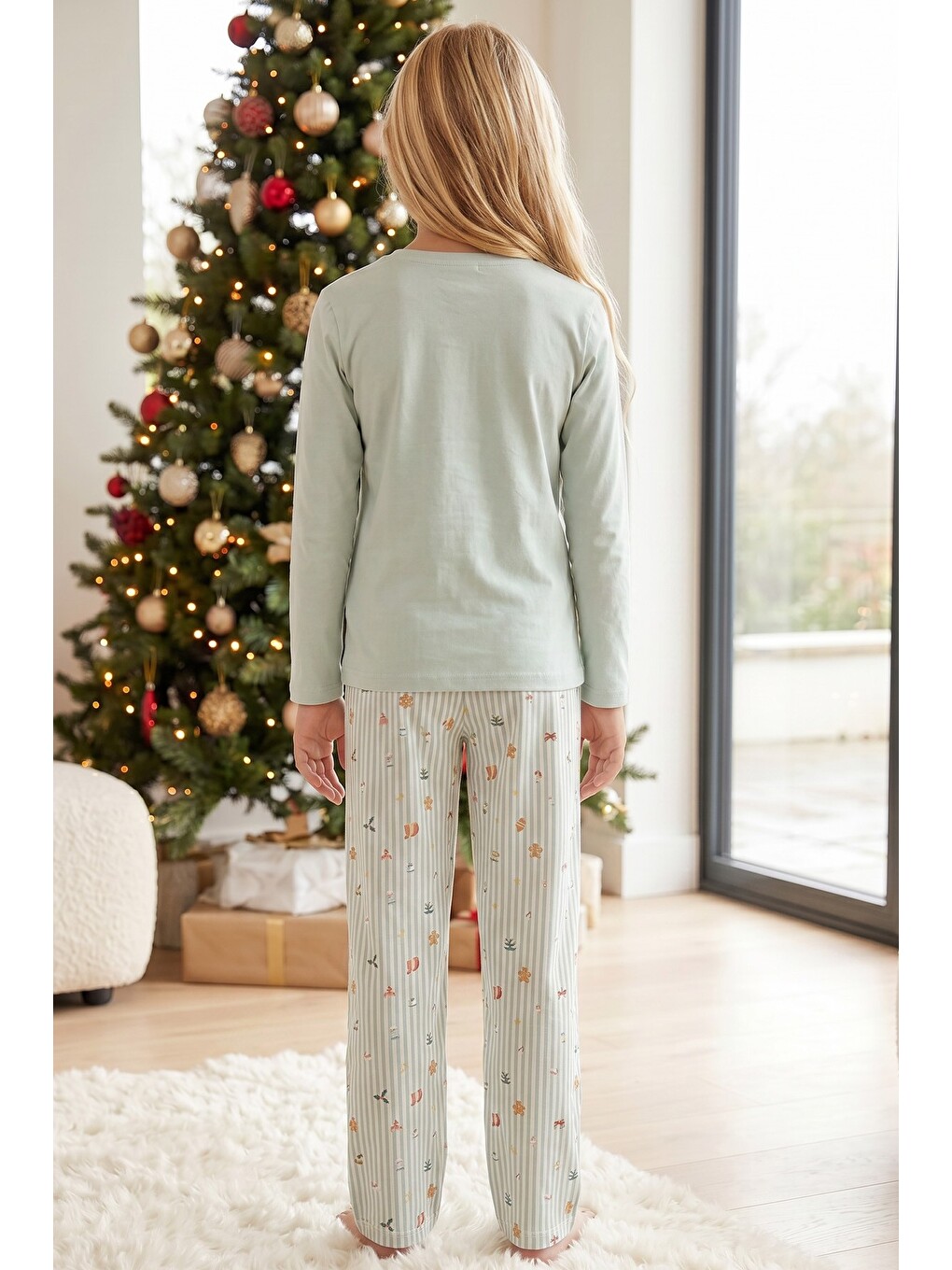 Yeşil Yılbaşı Temalı Pamuklu Elastanlı Örme Pijama Takım26241178-4