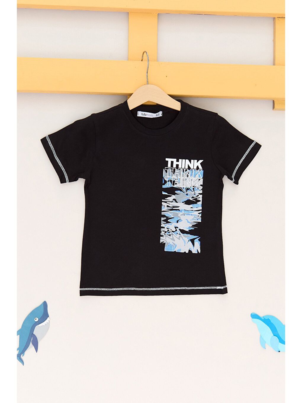 Siyah %100 Pamuk Think Baskılı Erkek Çocuk Tişört