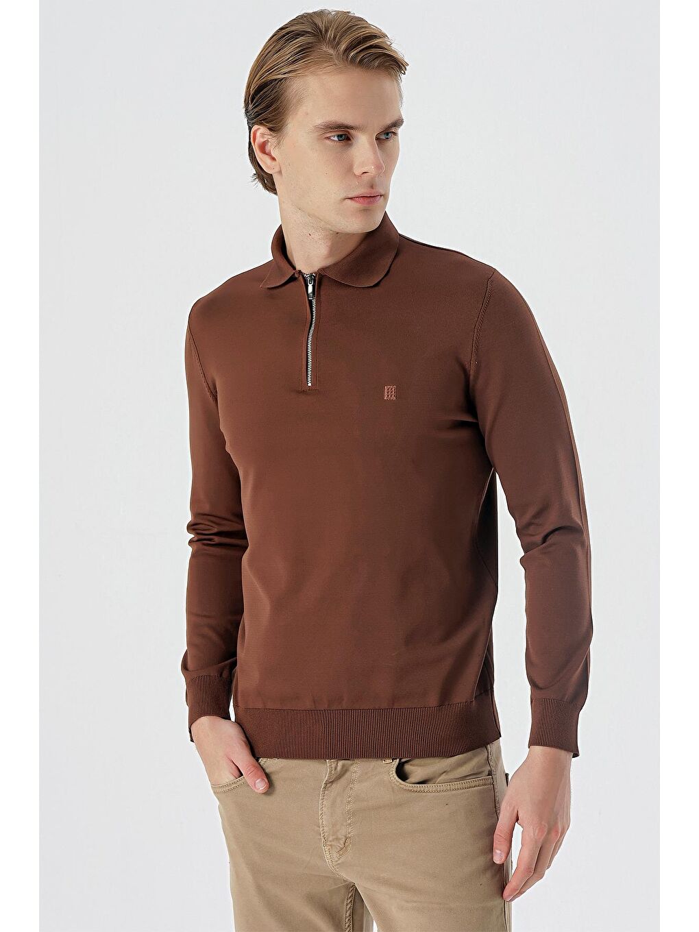 Kahverengi Taba Örme Polo Yaka Klasik Slim Fit Dar Kesim Triko 1012235169
