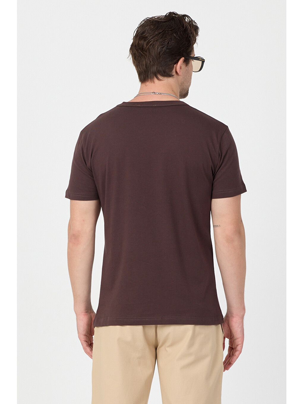 Kahverengi Erkek Acı Kahve Normal Kalıp Rahat Basic T-shirt-3