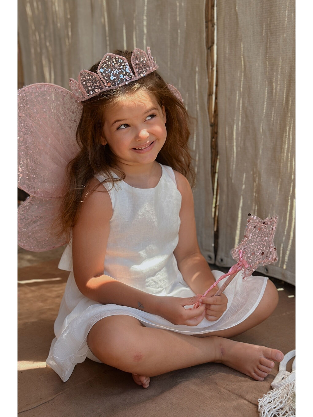 Pembe Pullu Boncuklu 3'lü Kelebek Kanat Asa Taç Set-1