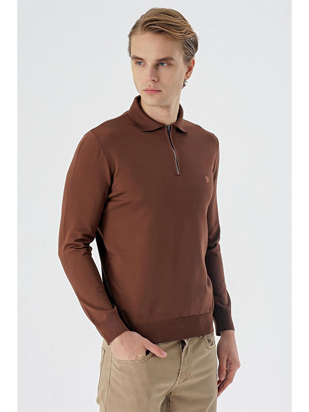 Kahverengi Taba Örme Polo Yaka Klasik Slim Fit Dar Kesim Triko 1012235169-1