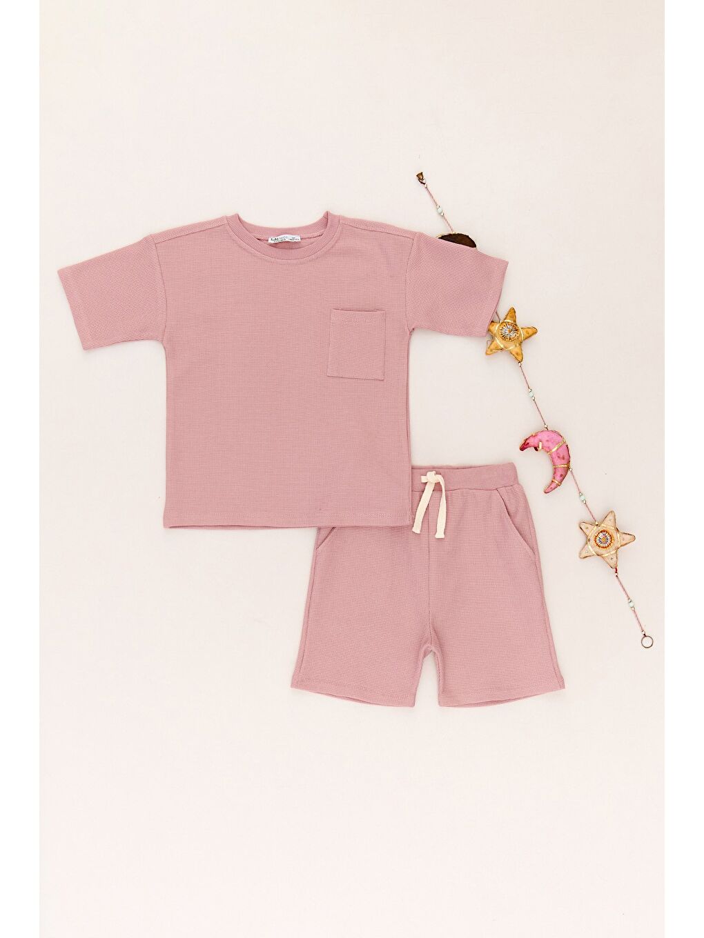 Pembe Waffle Kumaş Cepli Şortlu Unisex Çocuk Takım