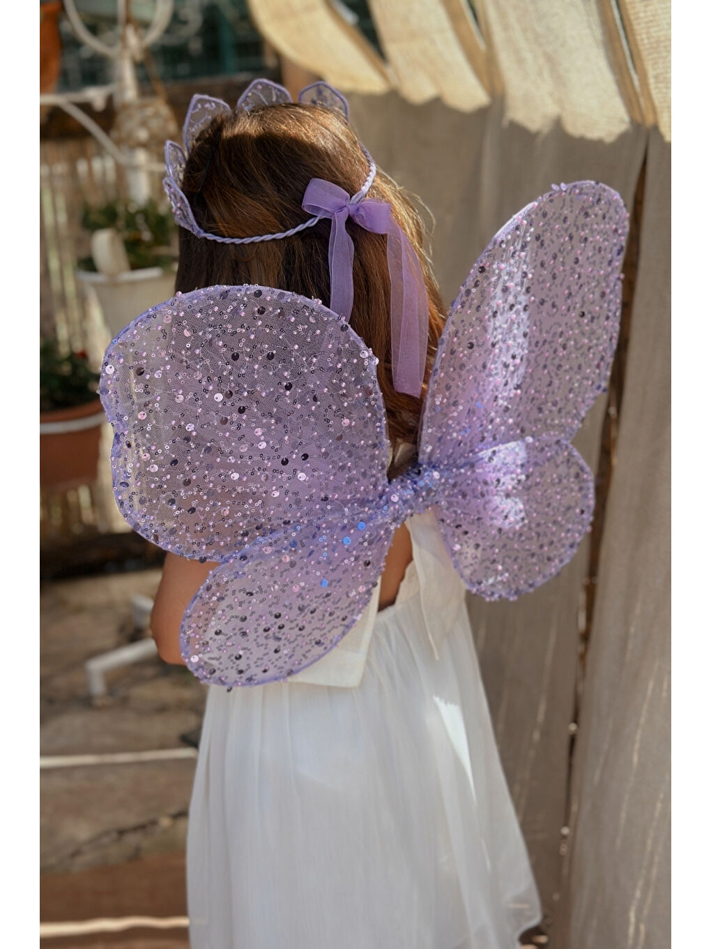 Lila Pullu Boncuklu 3'lü Kelebek Kanat Asa Taç Set