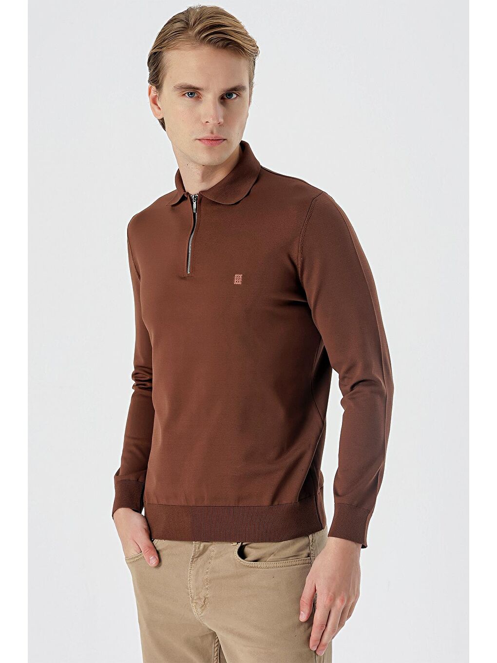 Kahverengi Taba Örme Polo Yaka Klasik Slim Fit Dar Kesim Triko 1012235169-2