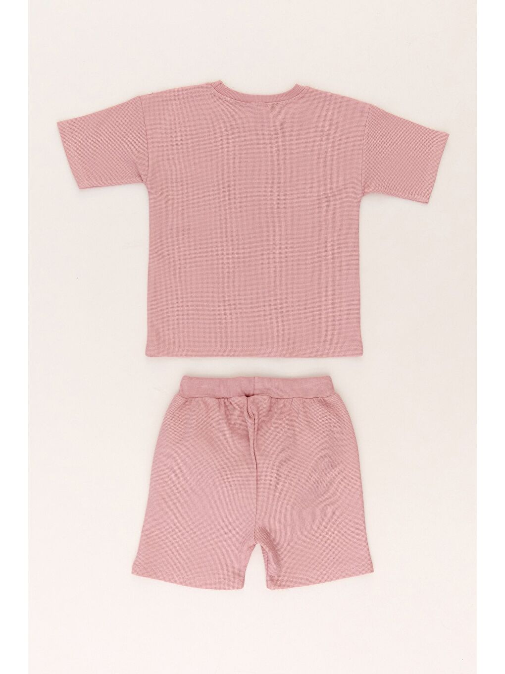 Pembe Waffle Kumaş Cepli Şortlu Unisex Çocuk Takım-1