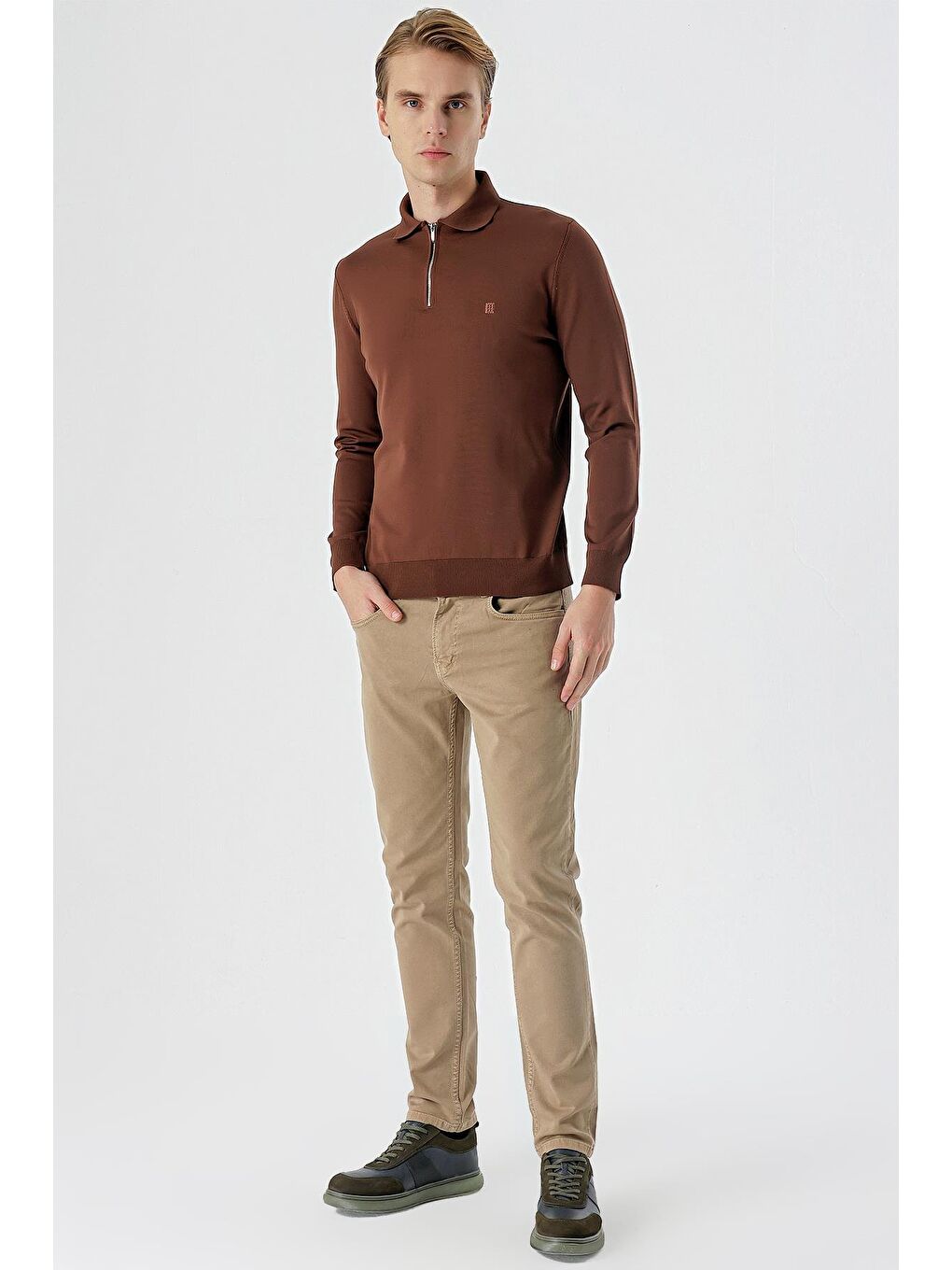 Kahverengi Taba Örme Polo Yaka Klasik Slim Fit Dar Kesim Triko 1012235169-3