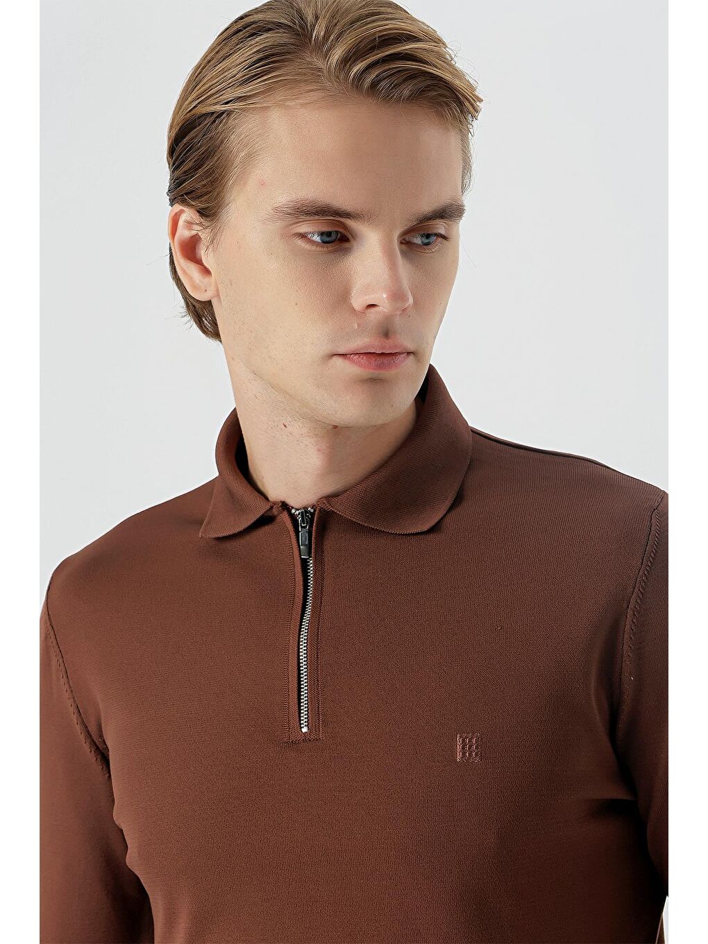 Kahverengi Taba Örme Polo Yaka Klasik Slim Fit Dar Kesim Triko 1012235169-4