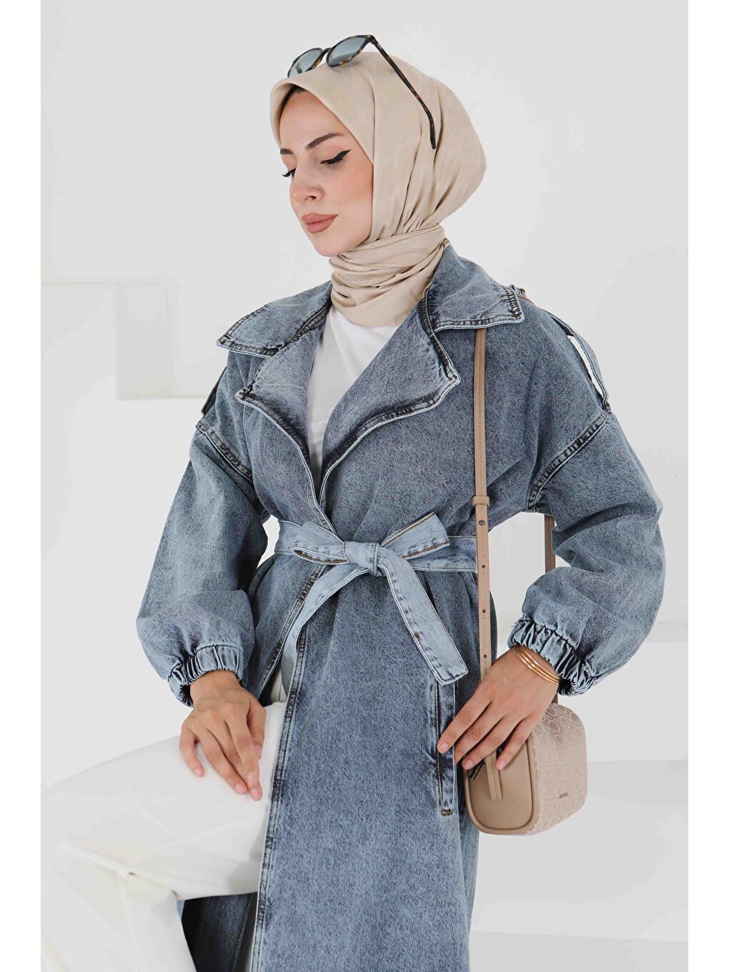 Jean Kuşaklı Trençkot Mavi - 27444-1