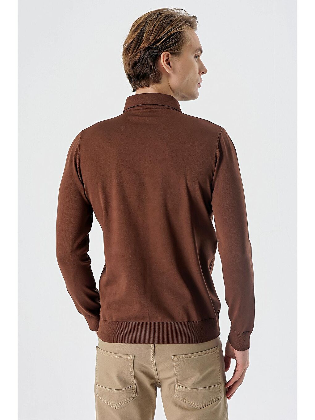 Kahverengi Taba Örme Polo Yaka Klasik Slim Fit Dar Kesim Triko 1012235169-5