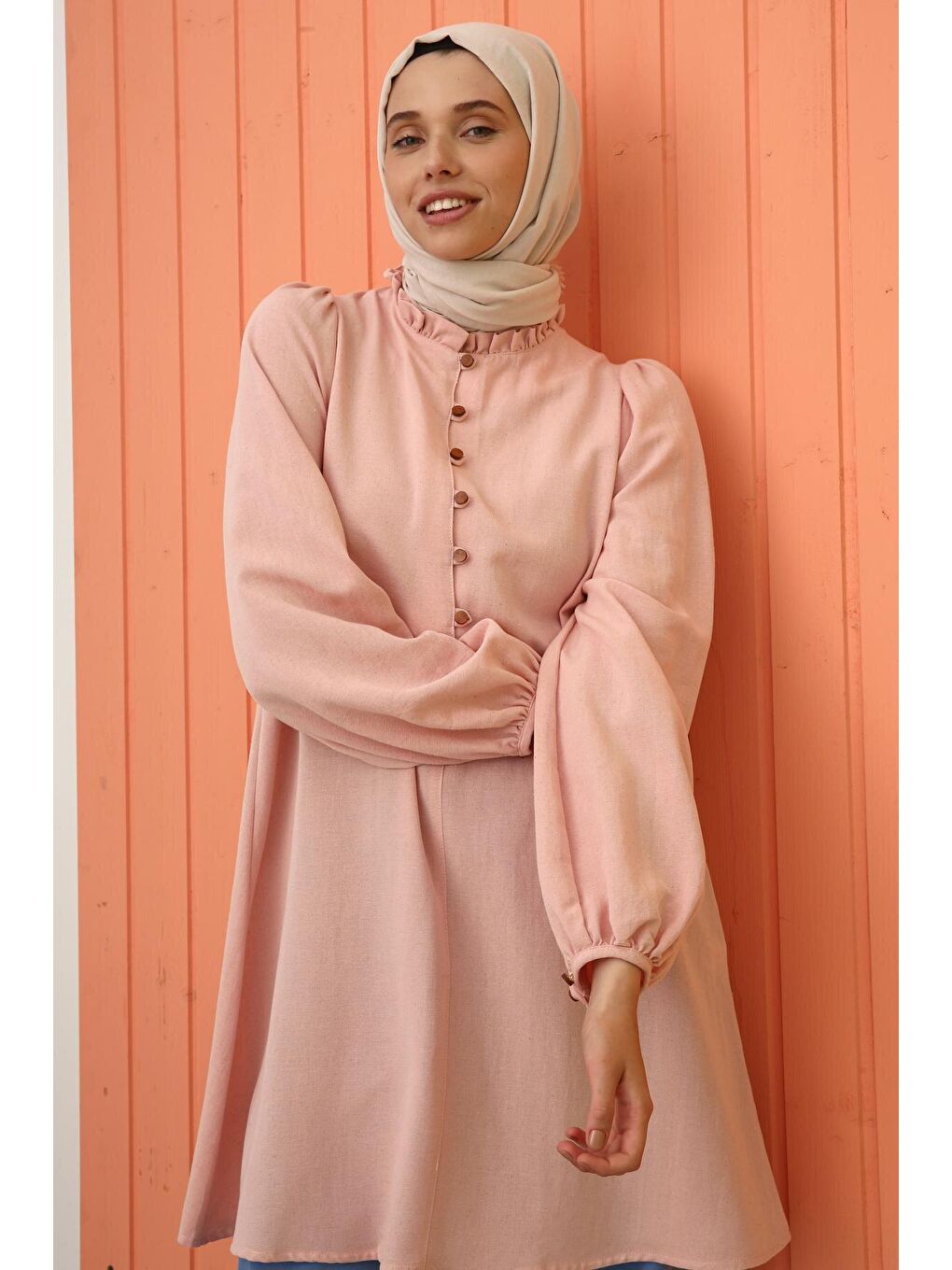 Pembe Pudra Yakası Fırfırlı Keten Tunik