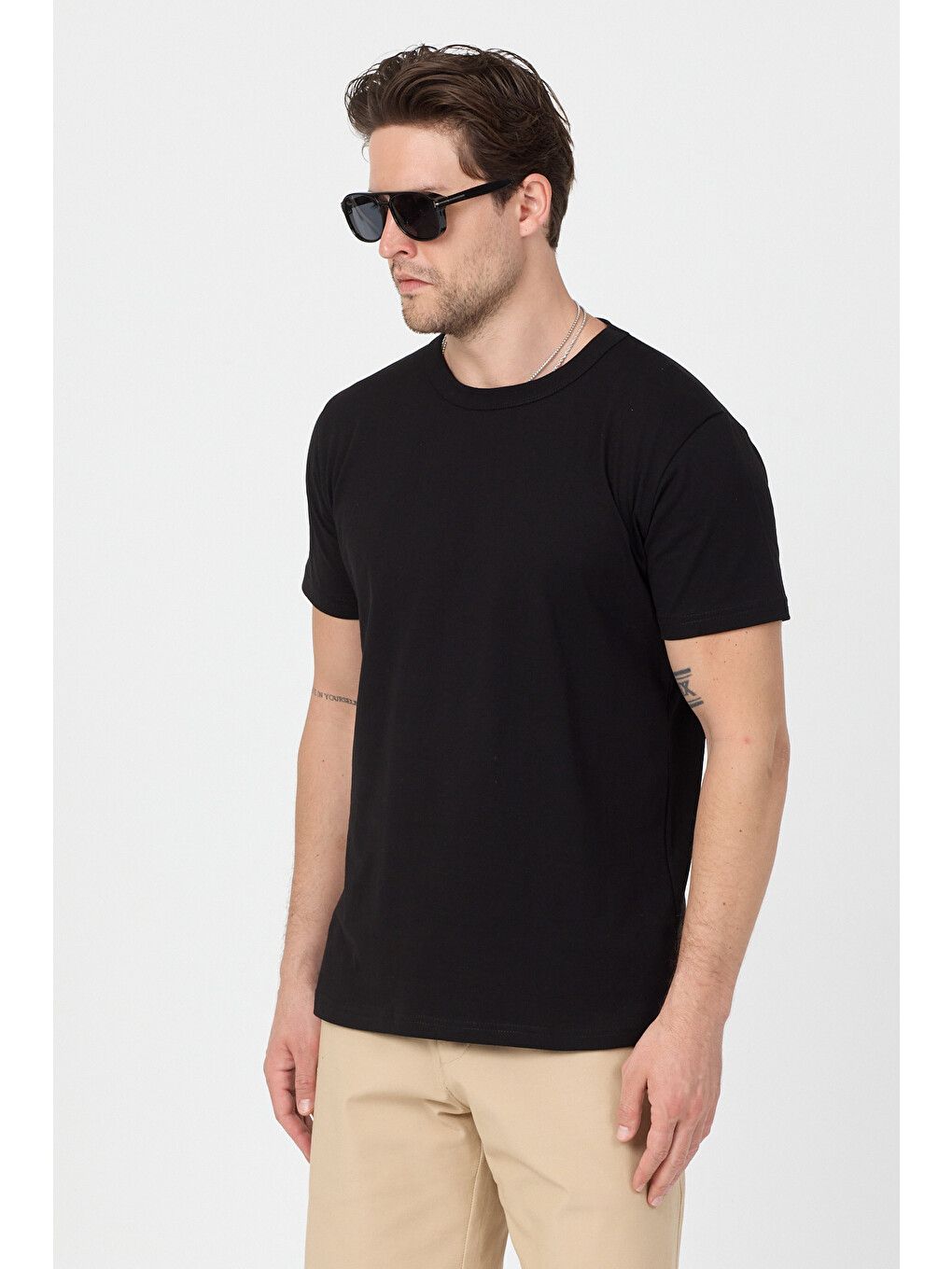 Erkek Siyah 3'lü Paket %100 Pamuk Siyah T-shirt-1