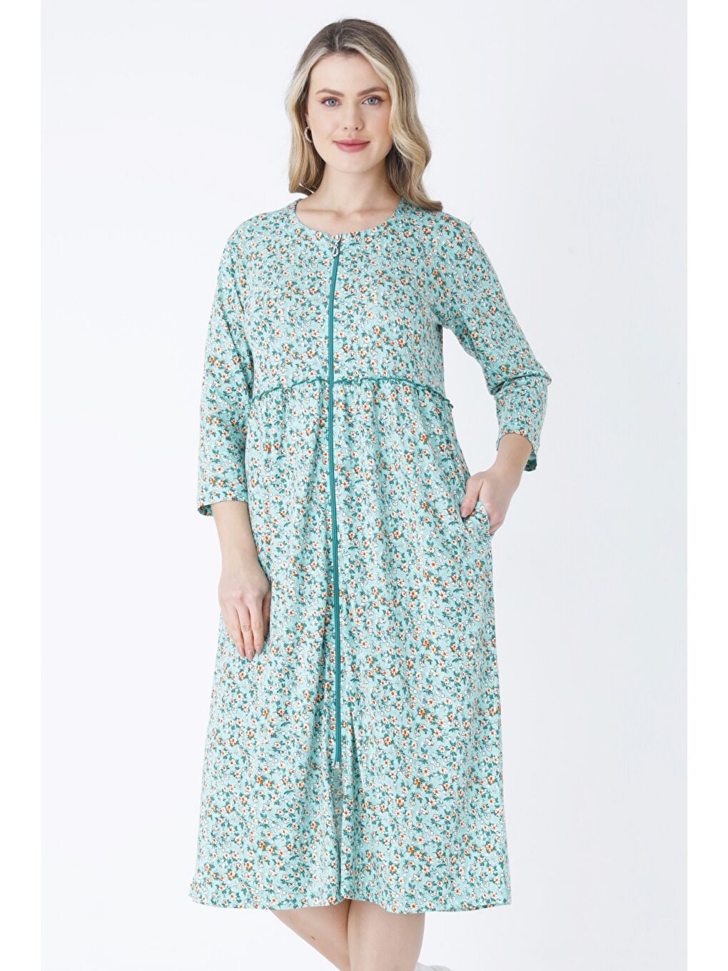 Rahat Kalıp Yeşil Çiçek Desenli Pamuklu Boydan Fermuarlı Bisiklet Yaka Cepli Truvakar Kollu Elbise-1