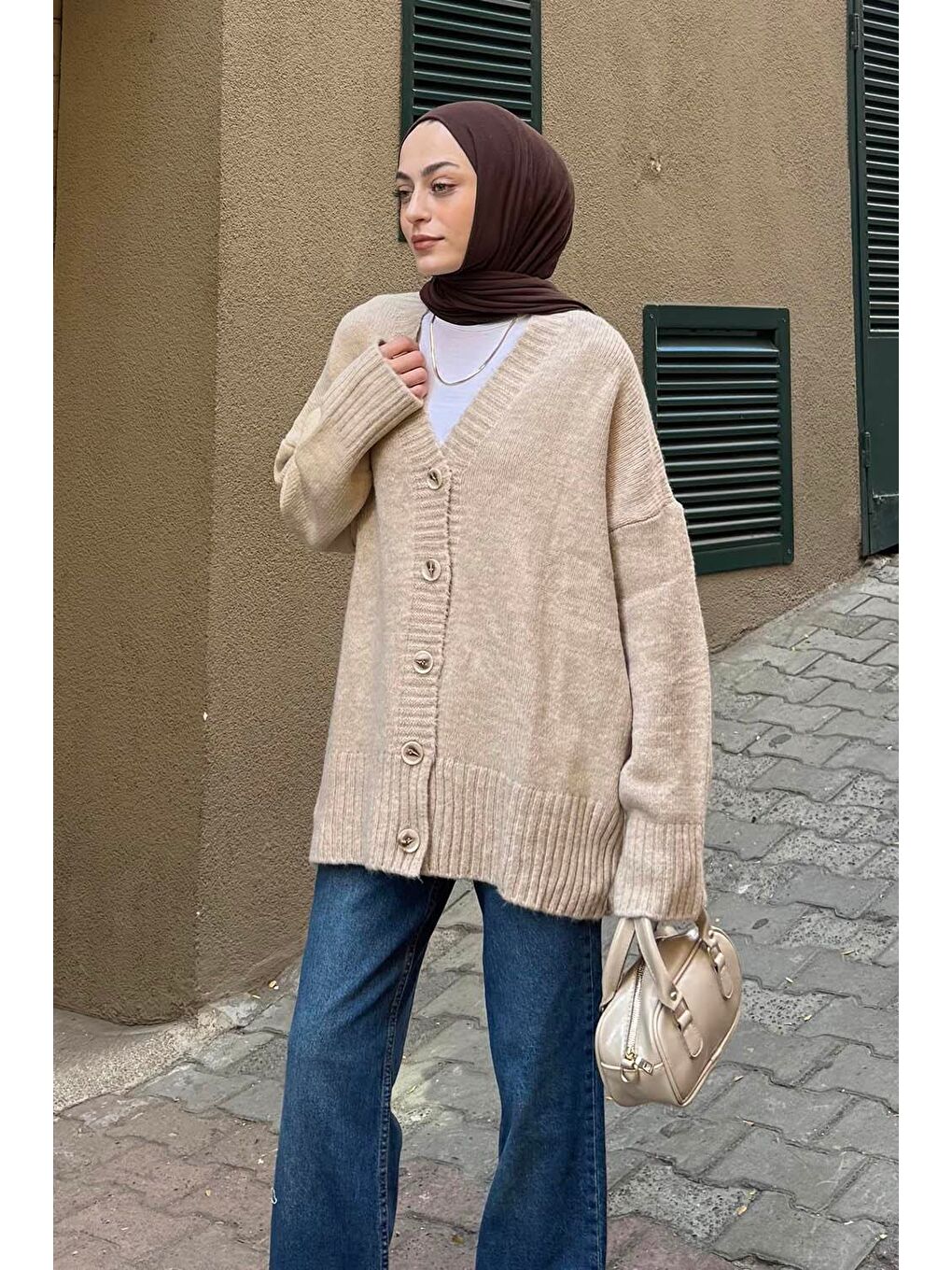 Salaş Dokulu Basic Hırka Bej-1