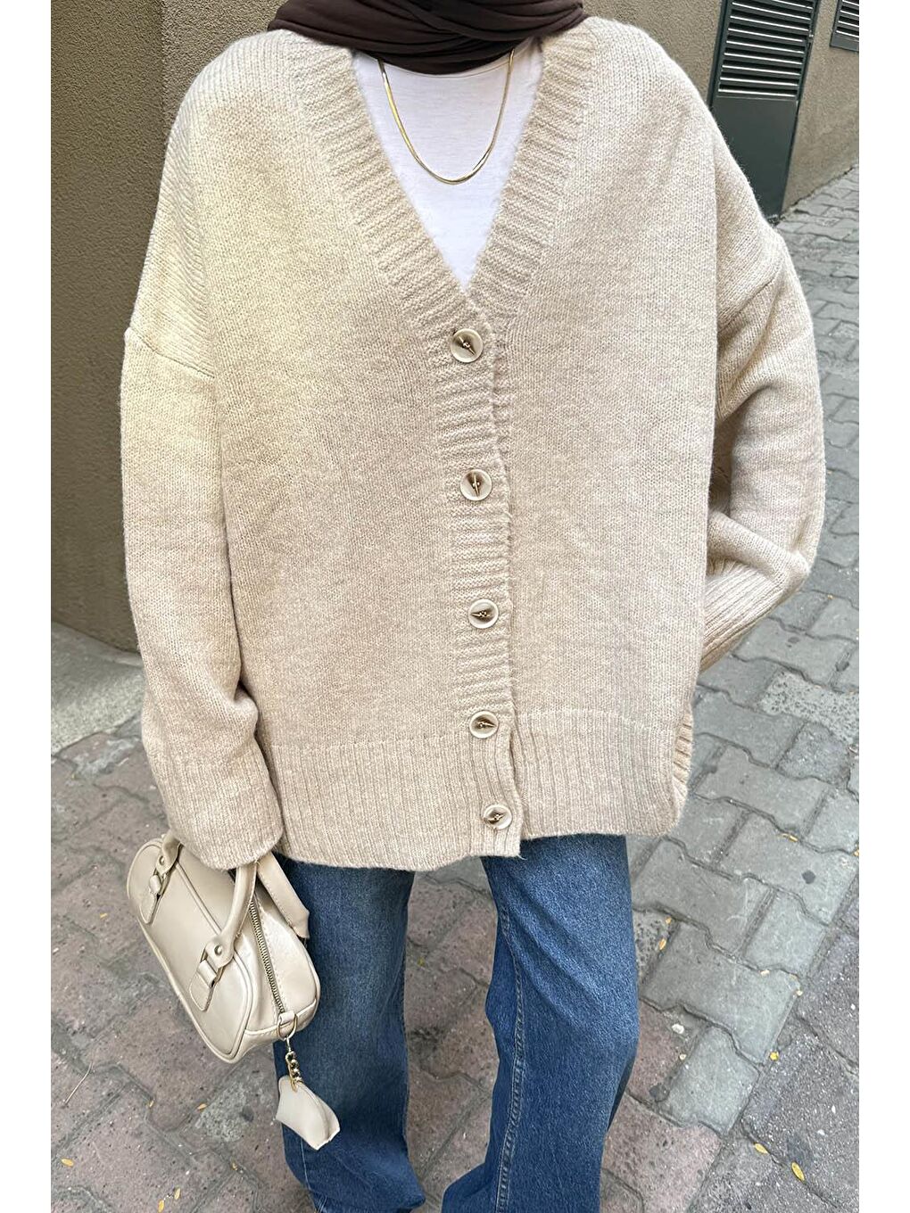 Salaş Dokulu Basic Hırka Bej-2