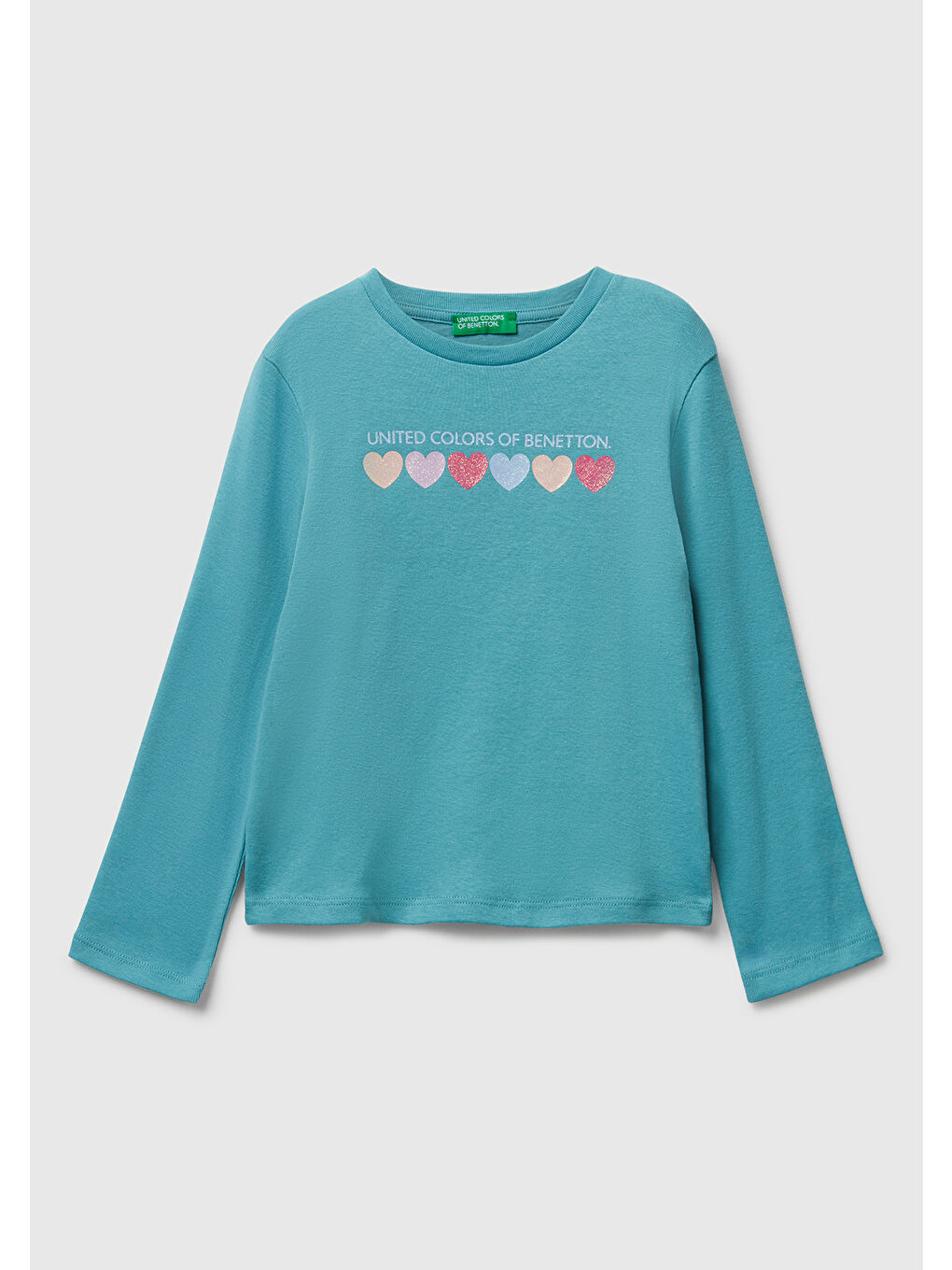 Kız Çocuk Gri-Yeşil Önü Parıltılı Logo Baskılı Slim Fit Uzun Kollu T-shirt