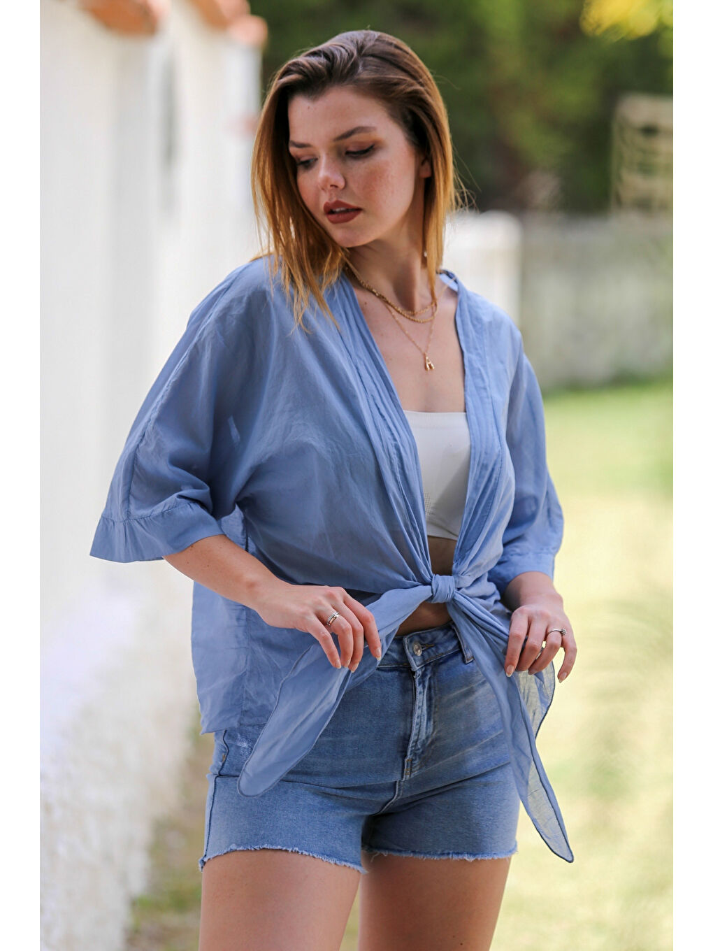 İtalyan Toz Mavi 3/4 Kol Bağlamalı Dokuma Casual Viskon Ceket-1