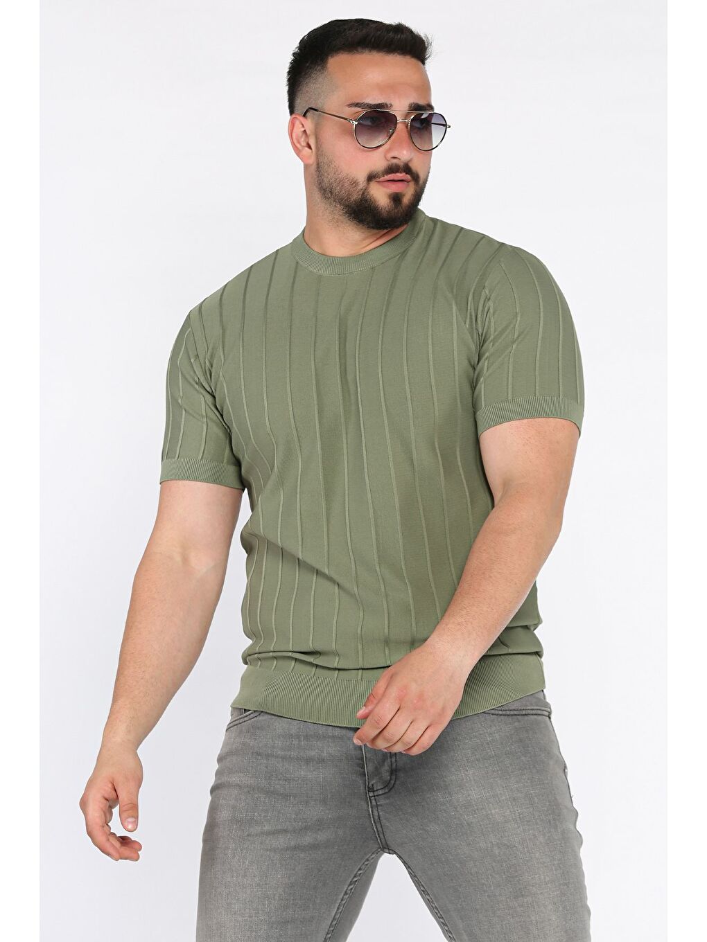 Haki Erkek Bisiklet Yaka Kendinden Çizgi Desenli Triko Tişört