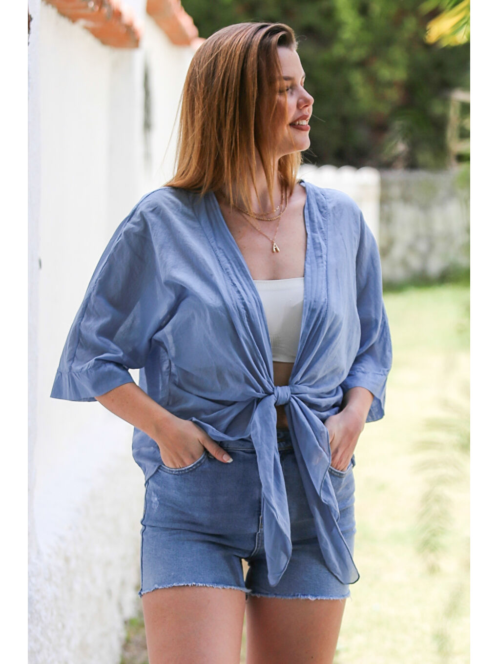 İtalyan Toz Mavi 3/4 Kol Bağlamalı Dokuma Casual Viskon Ceket-2