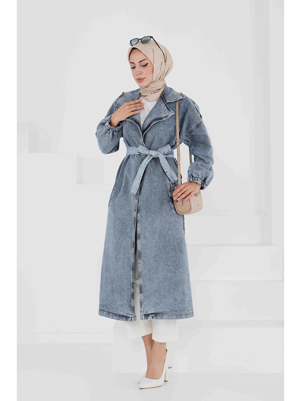 Jean Kuşaklı Trençkot Mavi - 27444-2