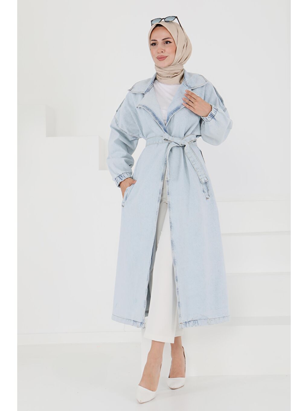 Jean Kuşaklı Trençkot Buz Mavi - 27444