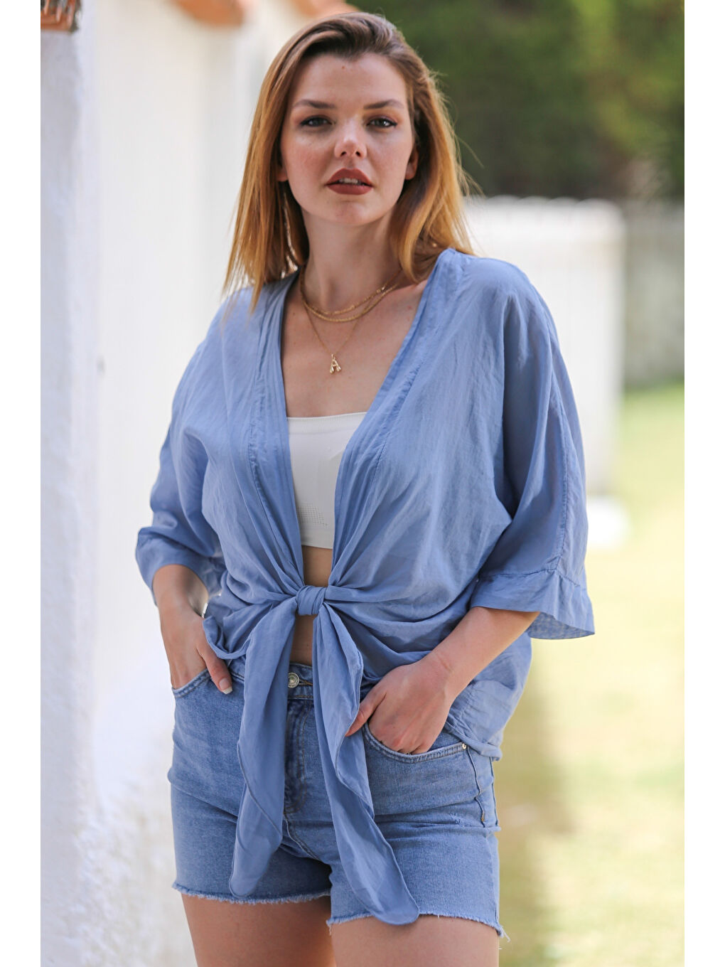 İtalyan Toz Mavi 3/4 Kol Bağlamalı Dokuma Casual Viskon Ceket-3