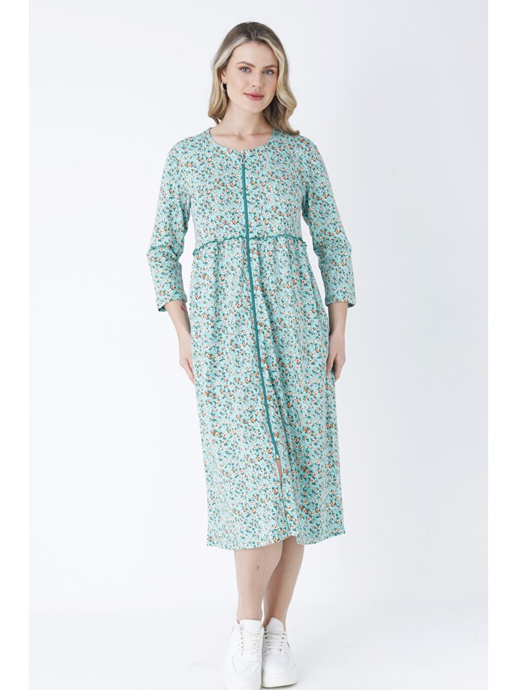 Rahat Kalıp Yeşil Çiçek Desenli Pamuklu Boydan Fermuarlı Bisiklet Yaka Cepli Truvakar Kollu Elbise-2