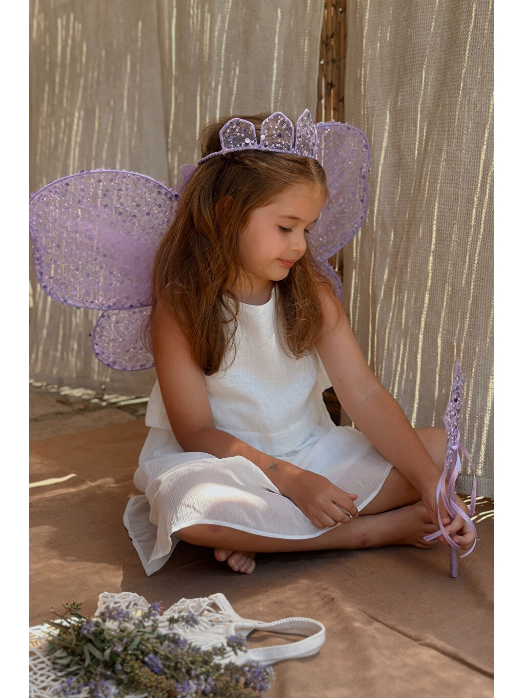 Lila Pullu Boncuklu 3'lü Kelebek Kanat Asa Taç Set-1