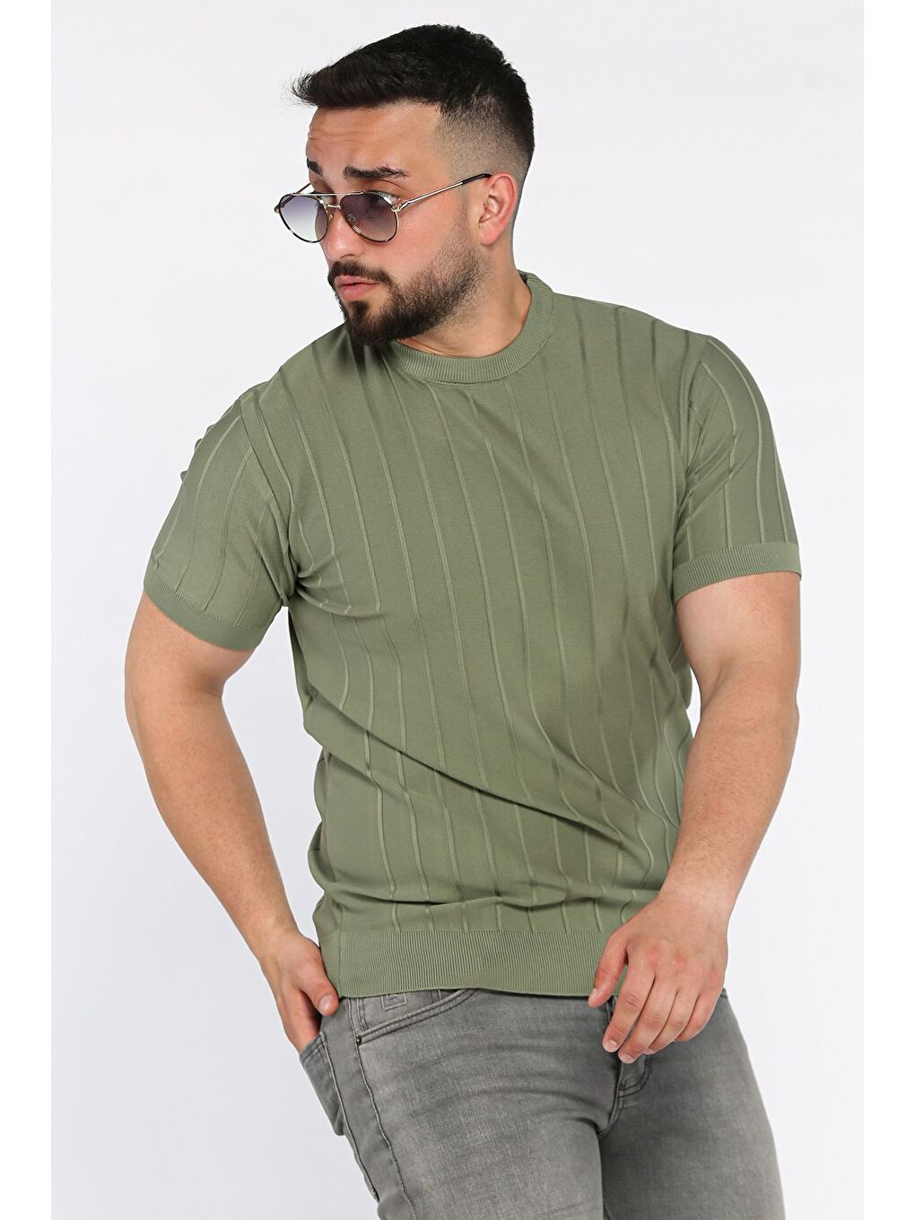 Haki Erkek Bisiklet Yaka Kendinden Çizgi Desenli Triko Tişört-1