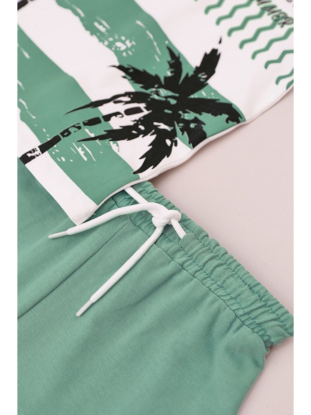 Turkuaz Palmiye Baskılı Kaprili Erkek Çocuk Takım-3